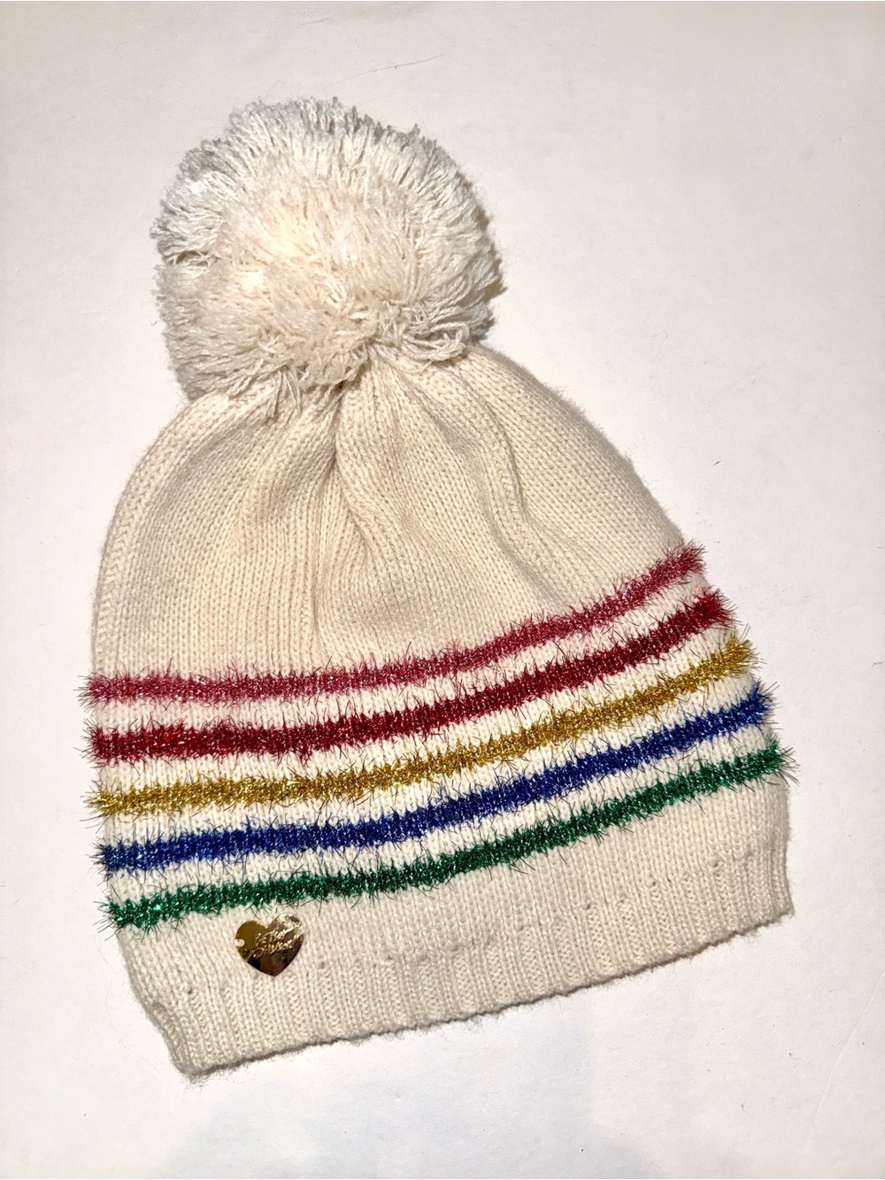 Vintage Y2K Betsey Johnson Cream Rainbow Pom Beanie 9" Heart Charm NWOT New